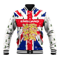 England Christmas Baseball Jacket with Red White Blue Santa Bus Tree and Three Lions Design - Wonder Print Shop