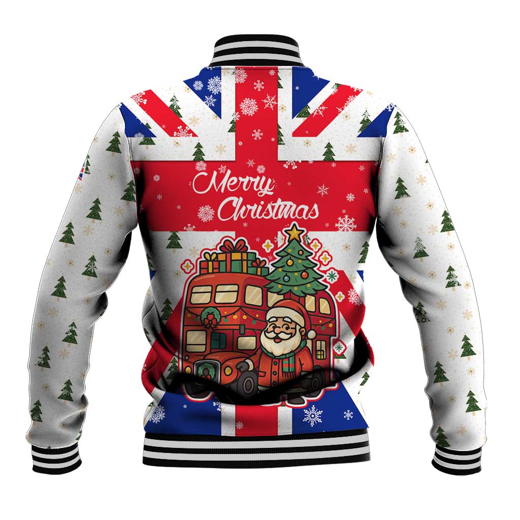 England Christmas Baseball Jacket with Red White Blue Santa Bus Tree and Three Lions Design - Wonder Print Shop
