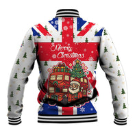 England Christmas Baseball Jacket with Red White Blue Santa Bus Tree and Three Lions Design - Wonder Print Shop