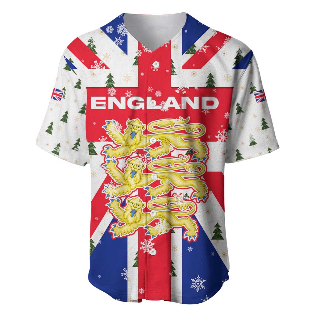 England Christmas Baseball Jersey with Red White Blue Santa Bus Tree and Three Lions Design - Wonder Print Shop