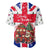 England Christmas Baseball Jersey with Red White Blue Santa Bus Tree and Three Lions Design - Wonder Print Shop