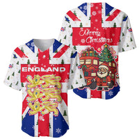 England Christmas Baseball Jersey with Red White Blue Santa Bus Tree and Three Lions Design - Wonder Print Shop