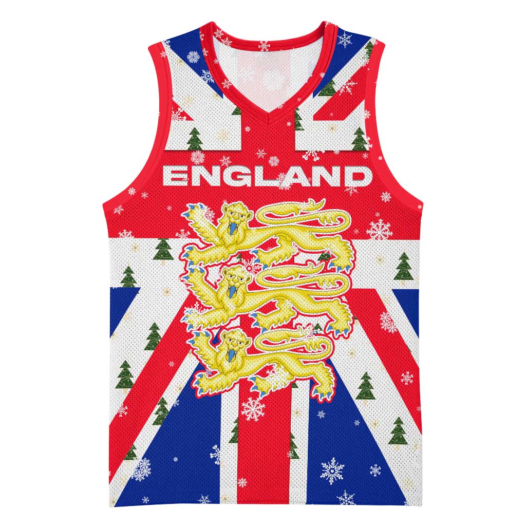 England Christmas Basketball Jersey with Red White Blue Santa Bus Tree and Three Lions Design - Wonder Print Shop