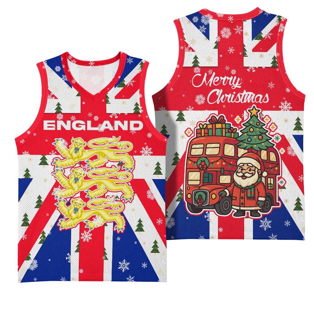 England Christmas Basketball Jersey with Red White Blue Santa Bus Tree and Three Lions Design - Wonder Print Shop