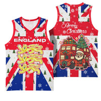 England Christmas Basketball Jersey with Red White Blue Santa Bus Tree and Three Lions Design - Wonder Print Shop