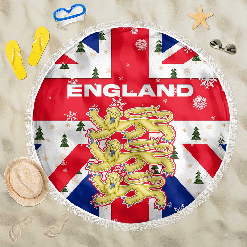 England Christmas Beach Blanket with Red White Blue Santa Bus Tree and Three Lions Design - Wonder Print Shop