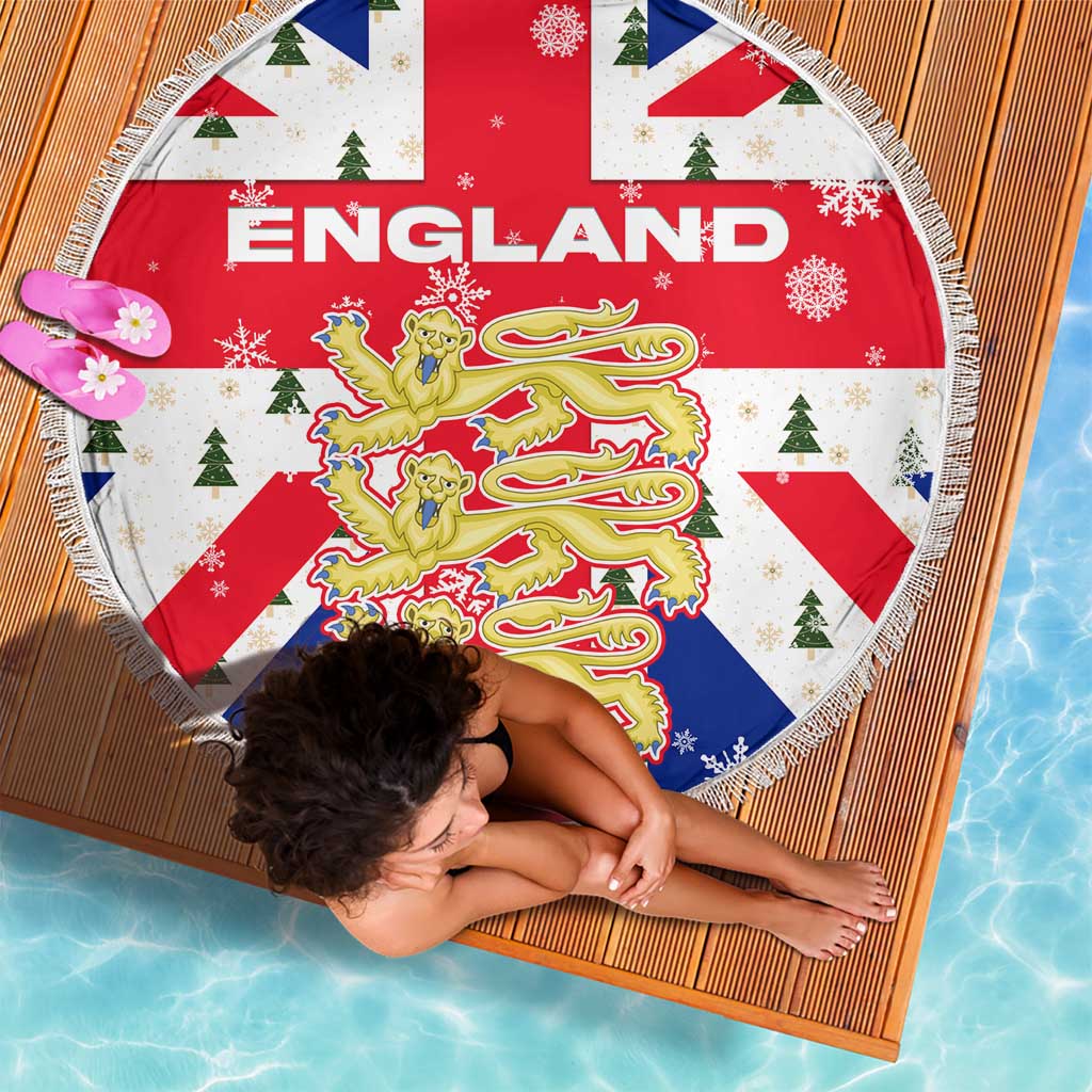England Christmas Beach Blanket with Red White Blue Santa Bus Tree and Three Lions Design - Wonder Print Shop