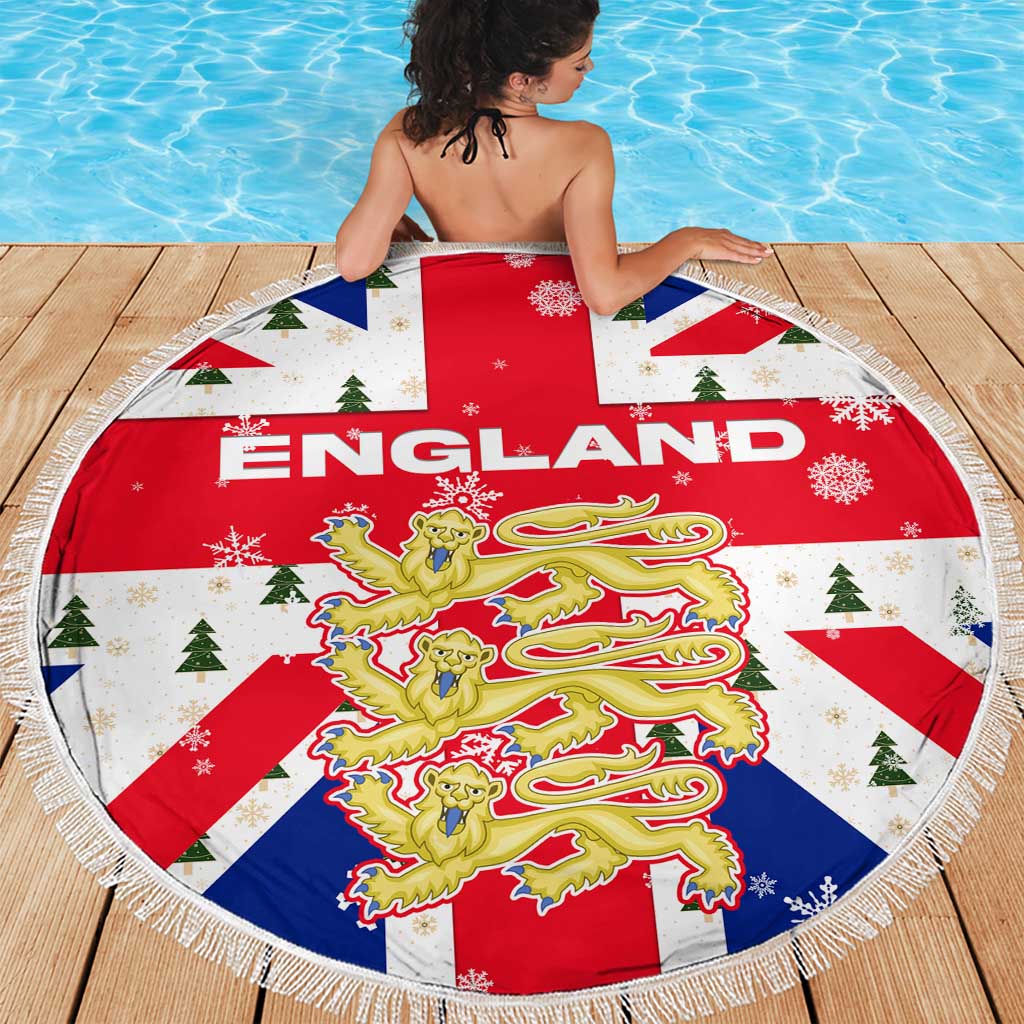 England Christmas Beach Blanket with Red White Blue Santa Bus Tree and Three Lions Design - Wonder Print Shop