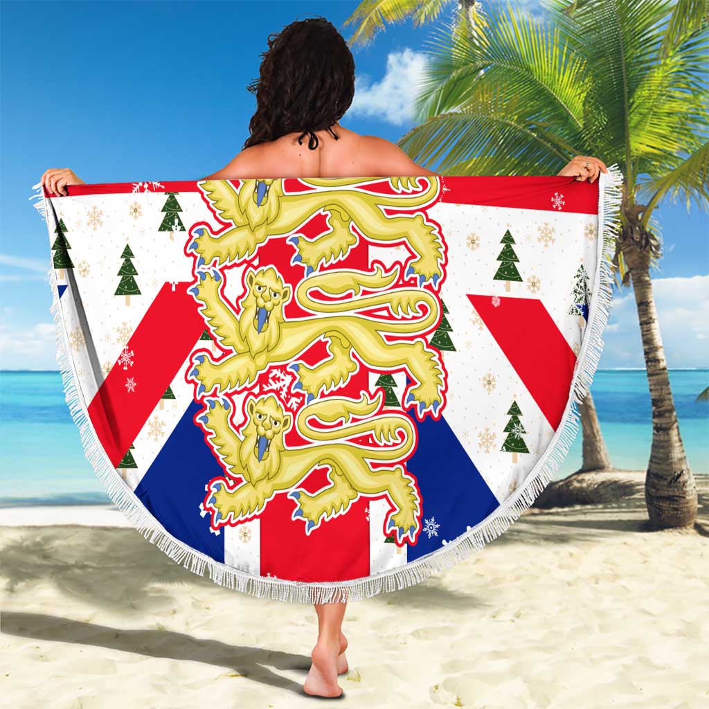 England Christmas Beach Blanket with Red White Blue Santa Bus Tree and Three Lions Design - Wonder Print Shop