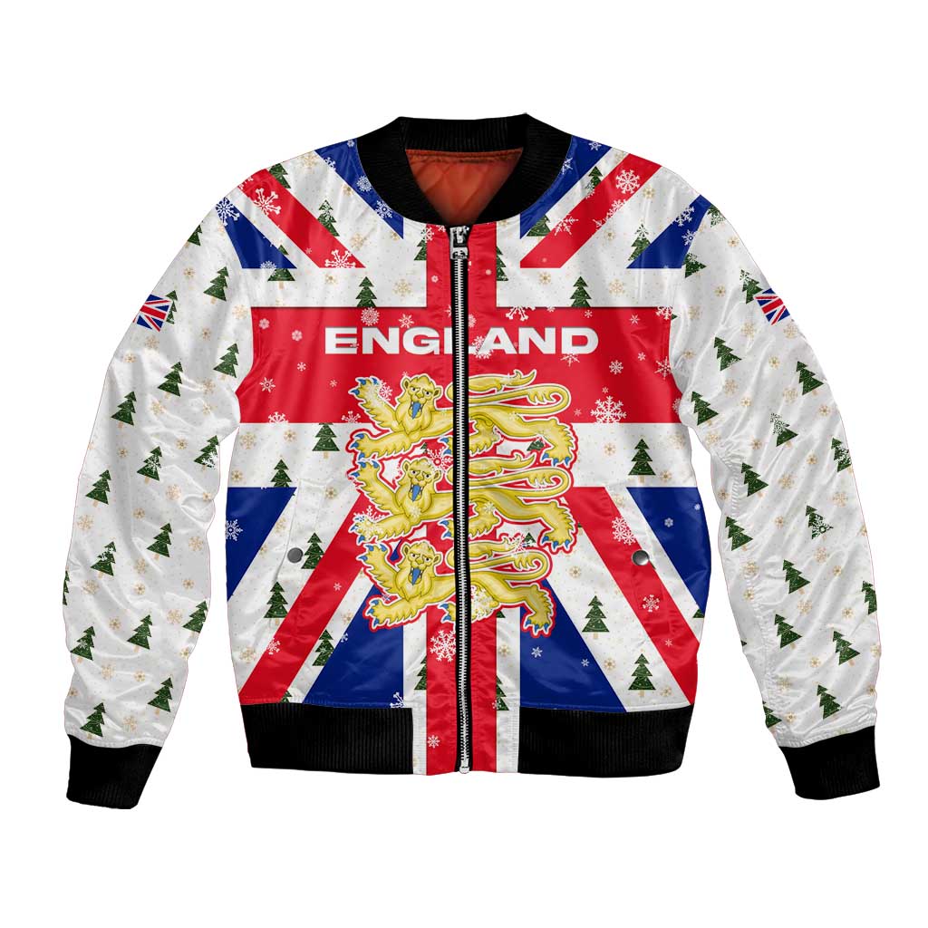England Christmas Bomber Jacket with Red White Blue Santa Bus Tree and Three Lions Design - Wonder Print Shop