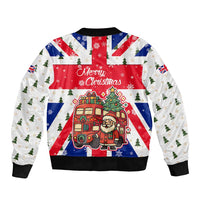 England Christmas Bomber Jacket with Red White Blue Santa Bus Tree and Three Lions Design - Wonder Print Shop