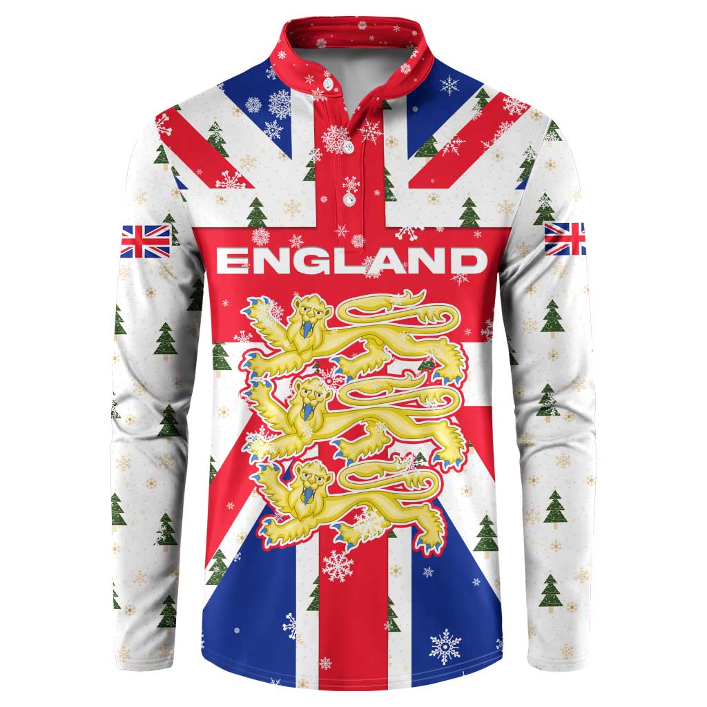 England Christmas Button Sweatshirt with Red White Blue Santa Bus Tree and Three Lions Design - Wonder Print Shop
