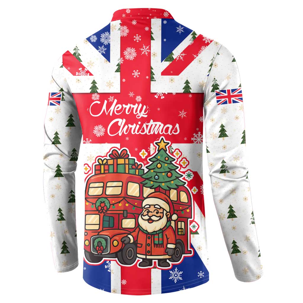 England Christmas Button Sweatshirt with Red White Blue Santa Bus Tree and Three Lions Design - Wonder Print Shop