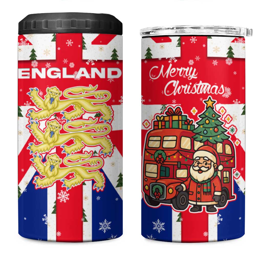 England Christmas 4 in 1 Can Cooler Tumbler with Red White Blue Santa Bus Tree and Three Lions Design - Wonder Print Shop