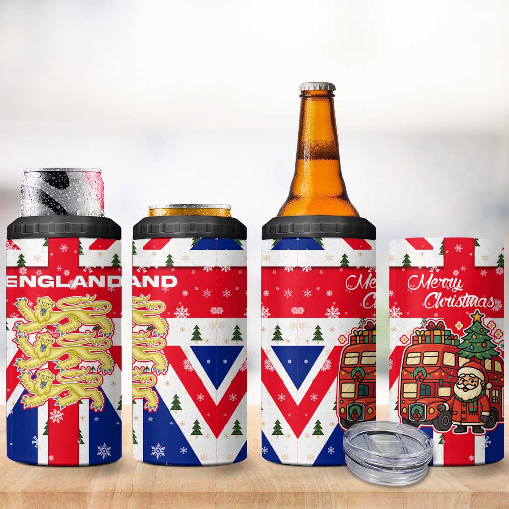 England Christmas 4 in 1 Can Cooler Tumbler with Red White Blue Santa Bus Tree and Three Lions Design - Wonder Print Shop