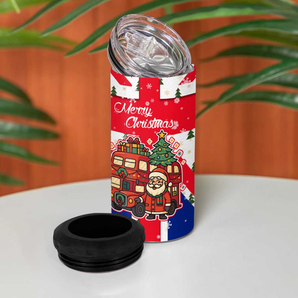 England Christmas 4 in 1 Can Cooler Tumbler with Red White Blue Santa Bus Tree and Three Lions Design - Wonder Print Shop