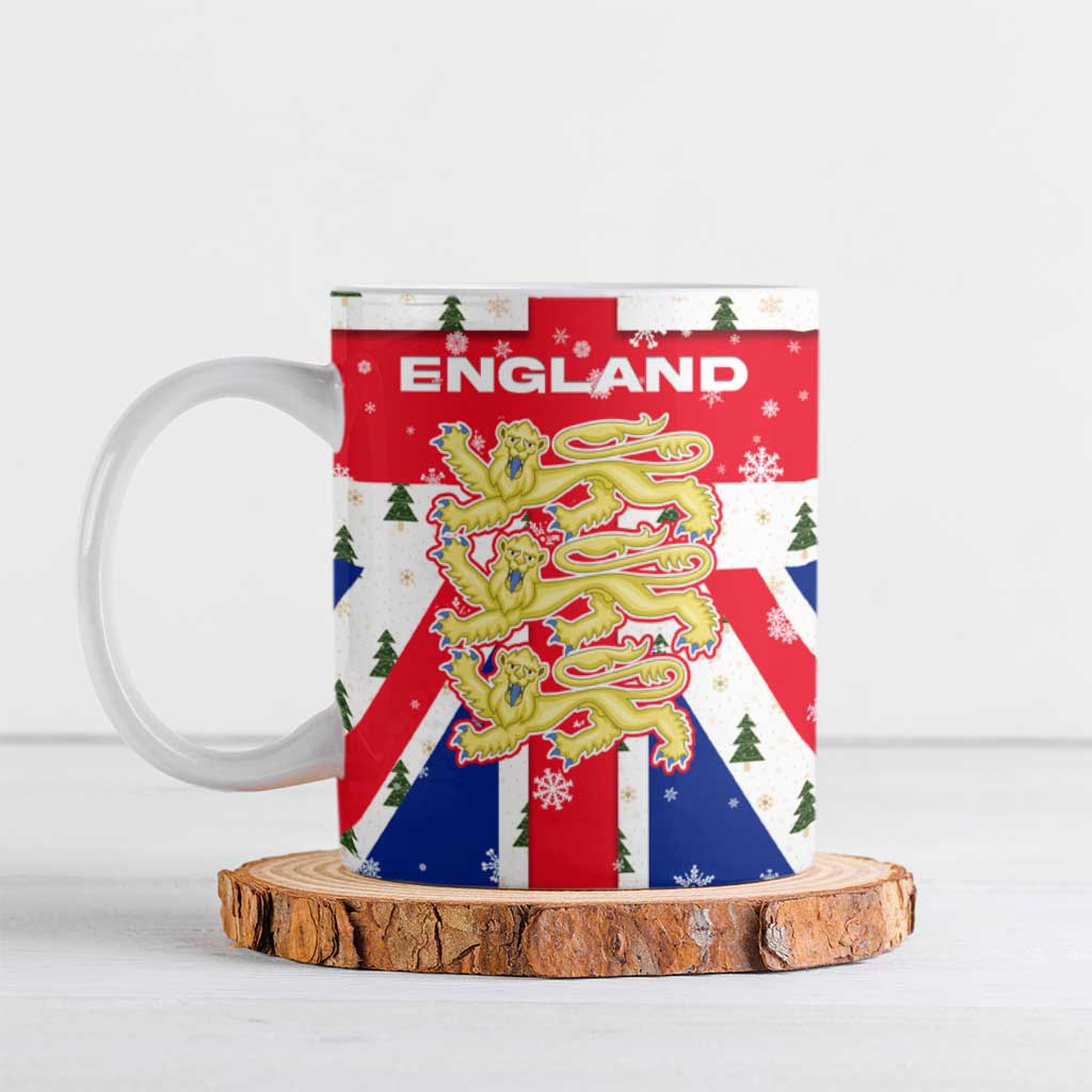 England Christmas Ceramic Mug with Red White Blue Santa Bus Tree and Three Lions Design - Wonder Print Shop