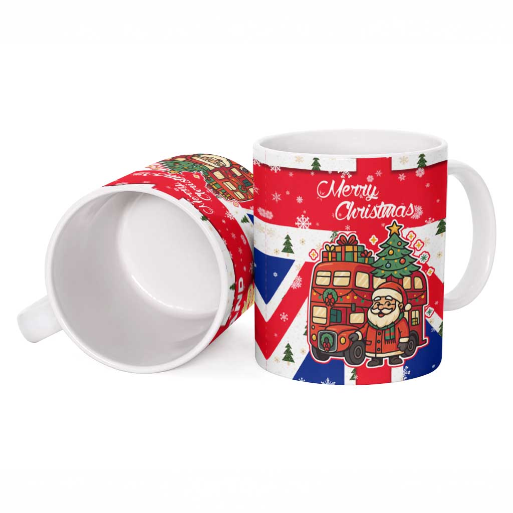 England Christmas Ceramic Mug with Red White Blue Santa Bus Tree and Three Lions Design - Wonder Print Shop