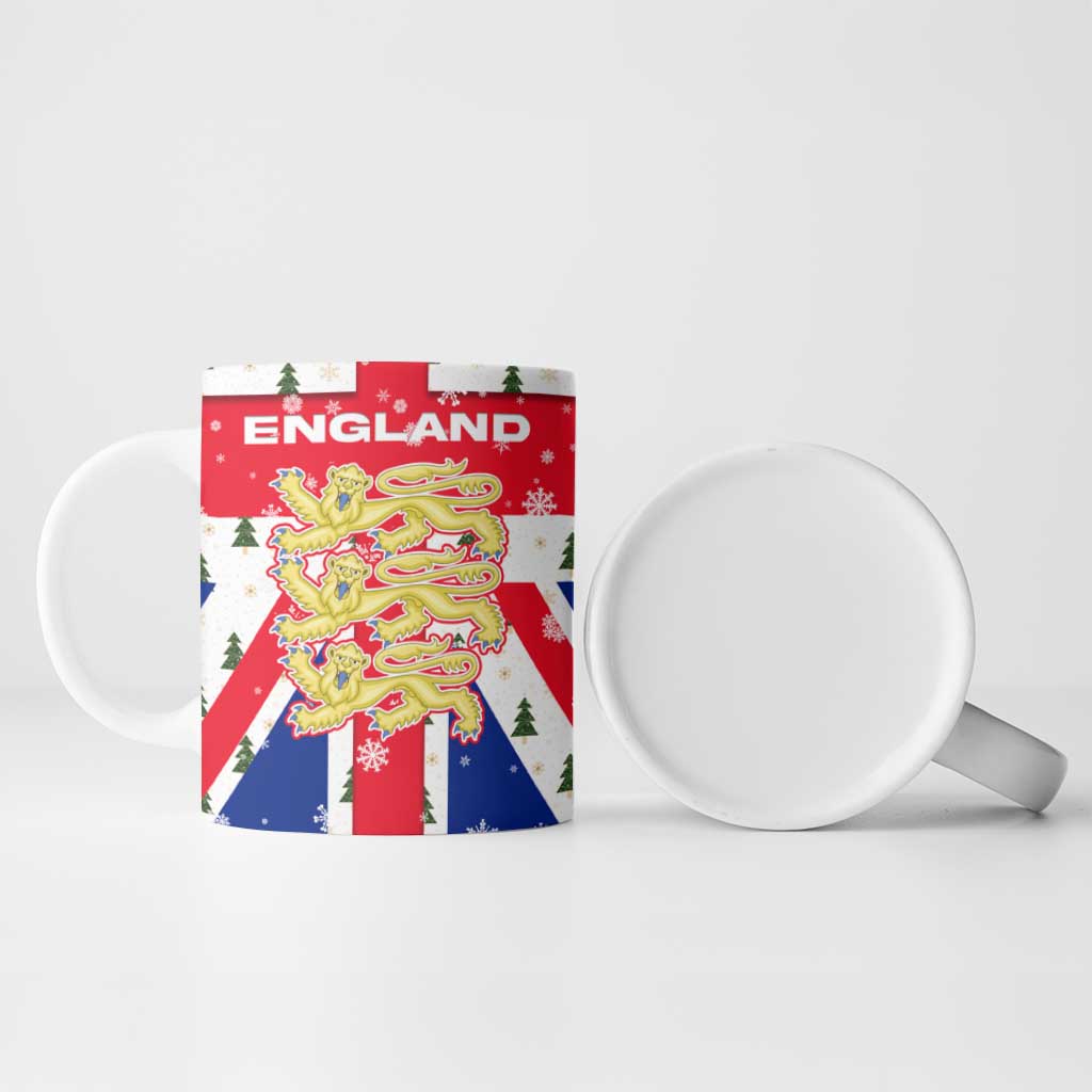 England Christmas Ceramic Mug with Red White Blue Santa Bus Tree and Three Lions Design - Wonder Print Shop