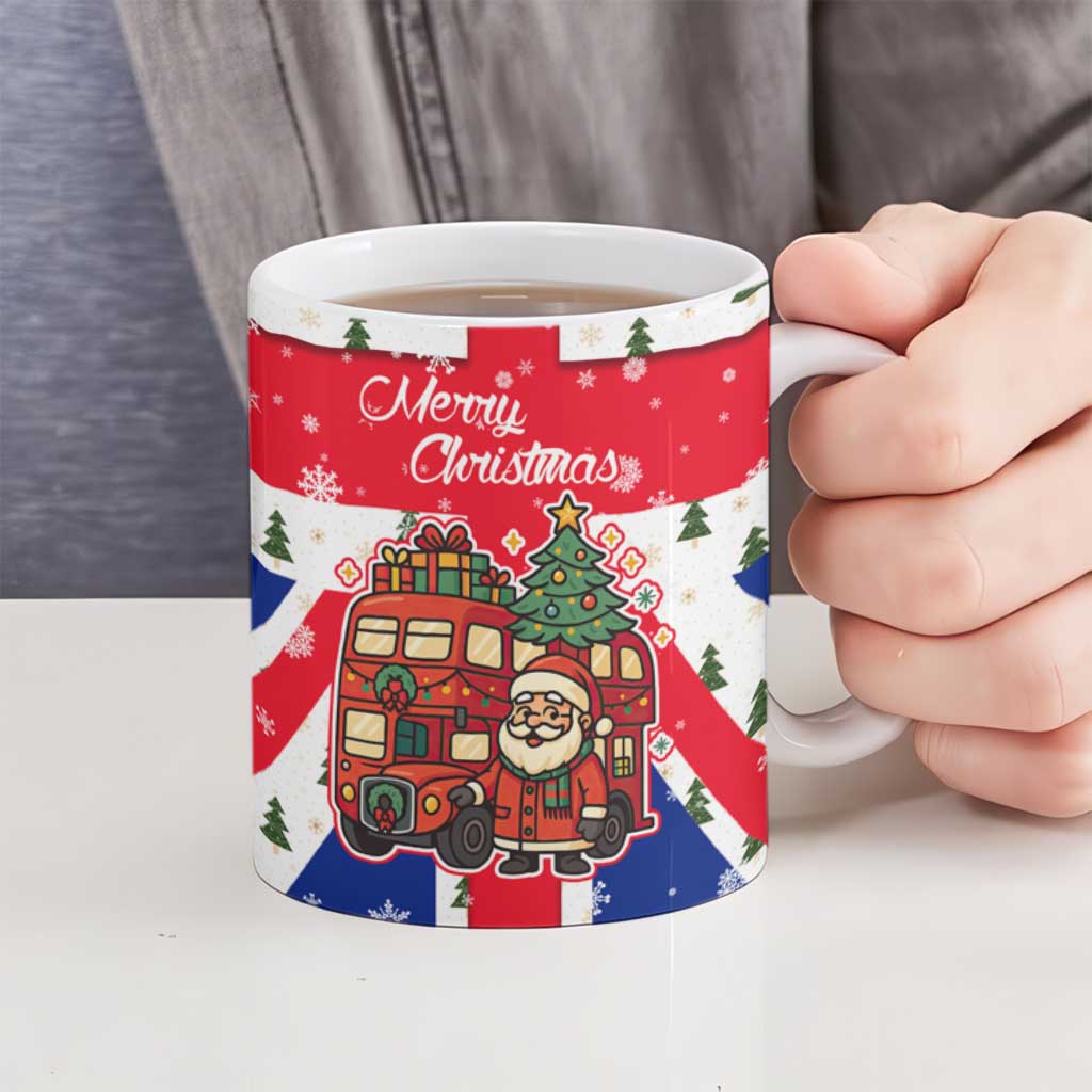 England Christmas Ceramic Mug with Red White Blue Santa Bus Tree and Three Lions Design - Wonder Print Shop