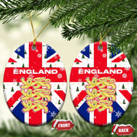 England Christmas Ceramic Ornament with Red White Blue Santa Bus Tree and Three Lions Design - Wonder Print Shop