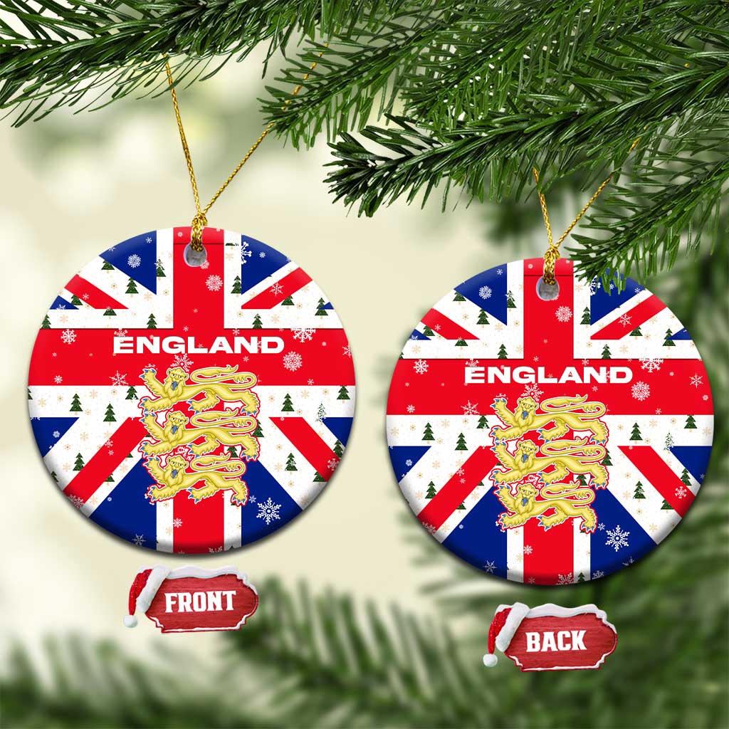 England Christmas Ceramic Ornament with Red White Blue Santa Bus Tree and Three Lions Design - Wonder Print Shop