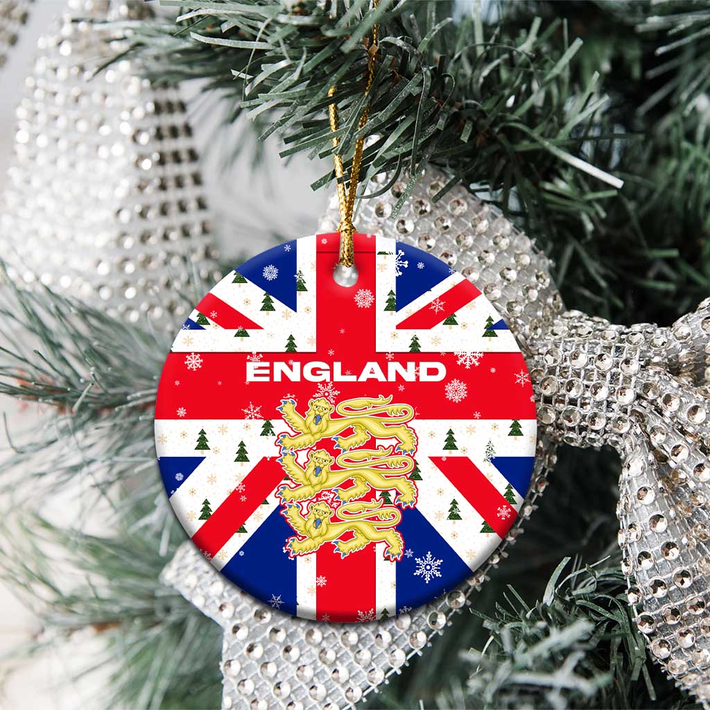 England Christmas Ceramic Ornament with Red White Blue Santa Bus Tree and Three Lions Design - Wonder Print Shop