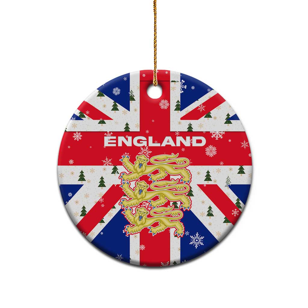 England Christmas Ceramic Ornament with Red White Blue Santa Bus Tree and Three Lions Design - Wonder Print Shop