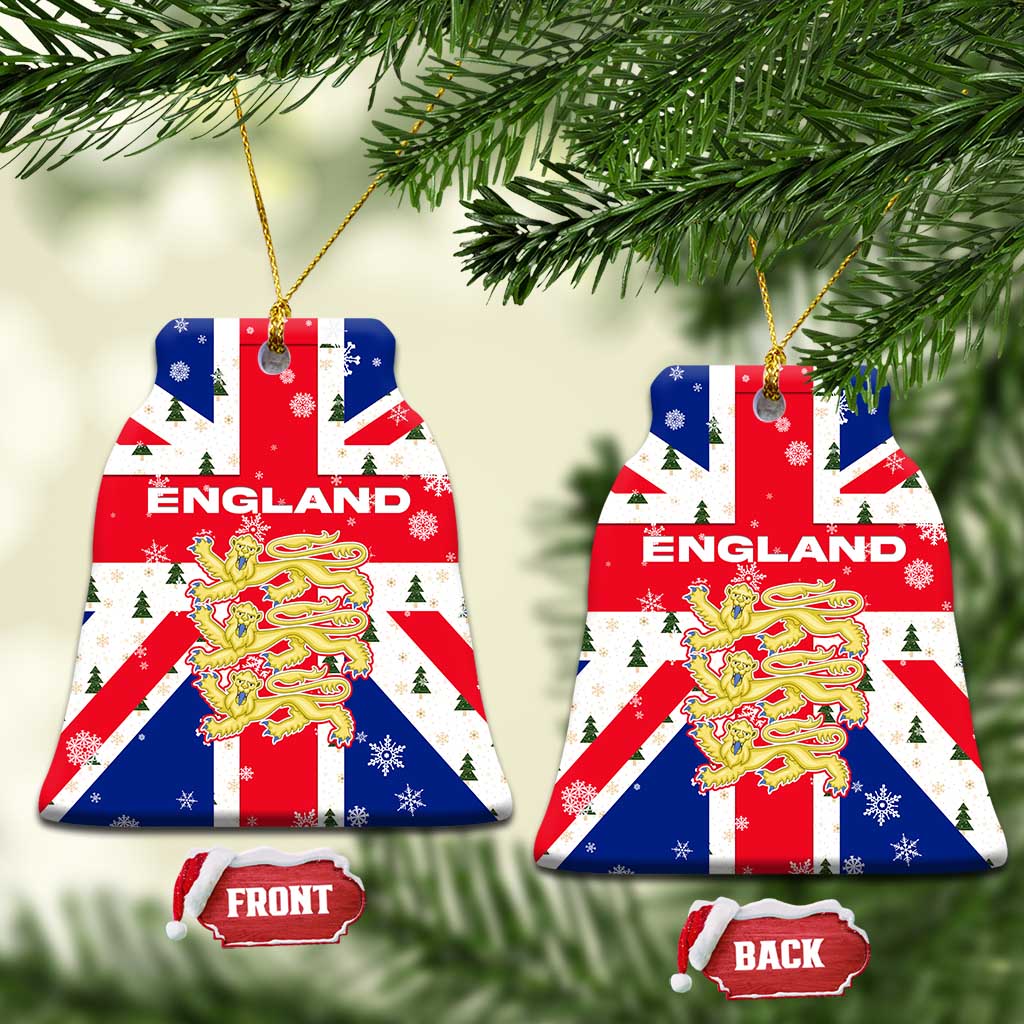 England Christmas Ceramic Ornament with Red White Blue Santa Bus Tree and Three Lions Design - Wonder Print Shop