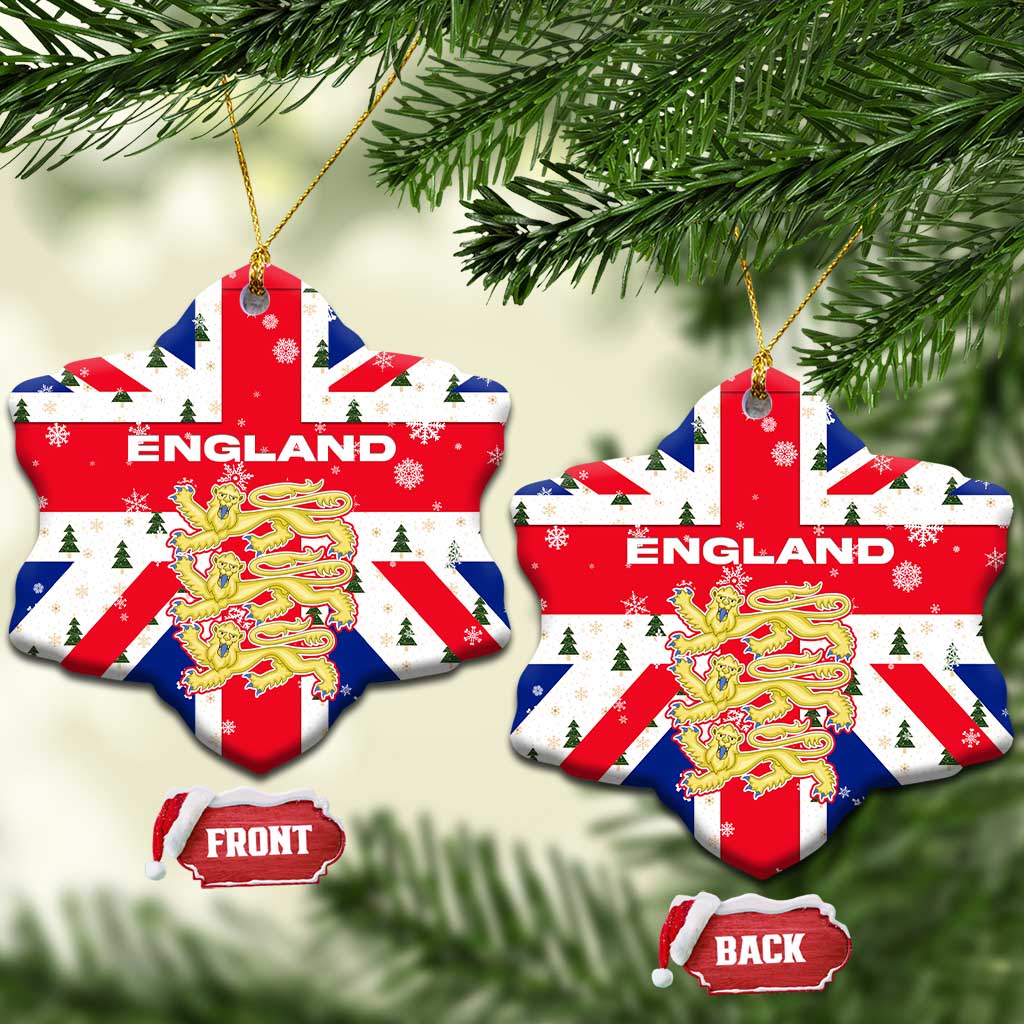 England Christmas Ceramic Ornament with Red White Blue Santa Bus Tree and Three Lions Design - Wonder Print Shop