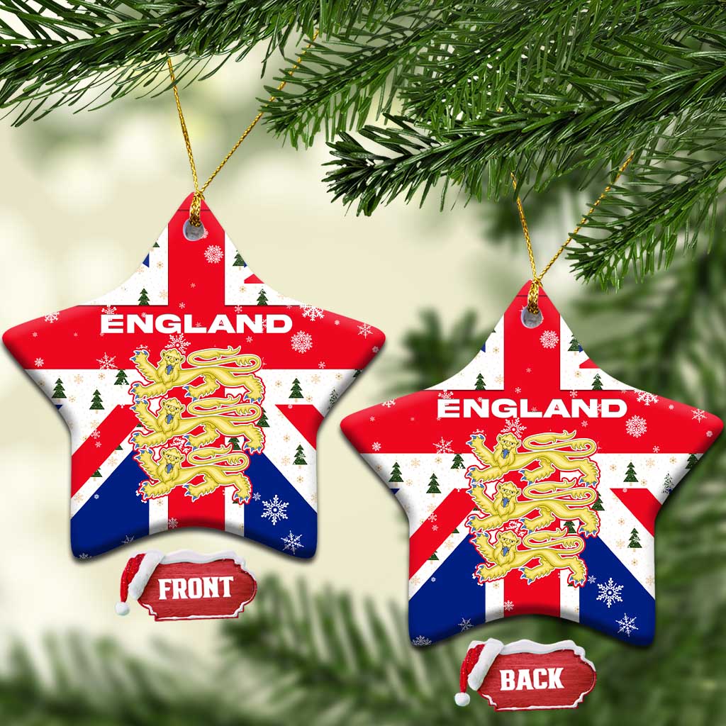 England Christmas Ceramic Ornament with Red White Blue Santa Bus Tree and Three Lions Design - Wonder Print Shop