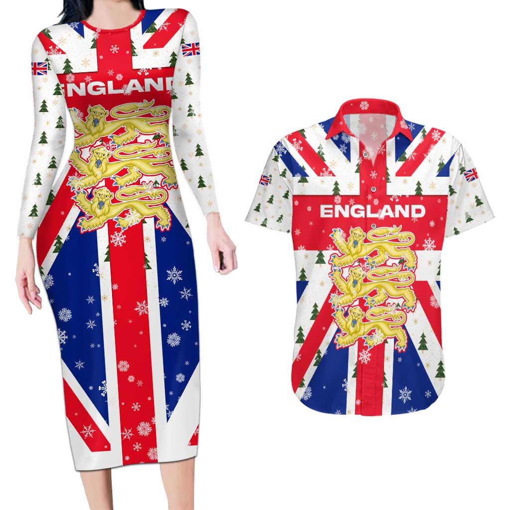 England Christmas Couples Matching Long Sleeve Bodycon Dress and Hawaiian Shirt with Red White Blue Santa Bus Tree and Three Lions Design - Wonder Print Shop
