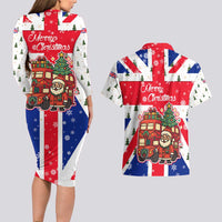 England Christmas Couples Matching Long Sleeve Bodycon Dress and Hawaiian Shirt with Red White Blue Santa Bus Tree and Three Lions Design - Wonder Print Shop