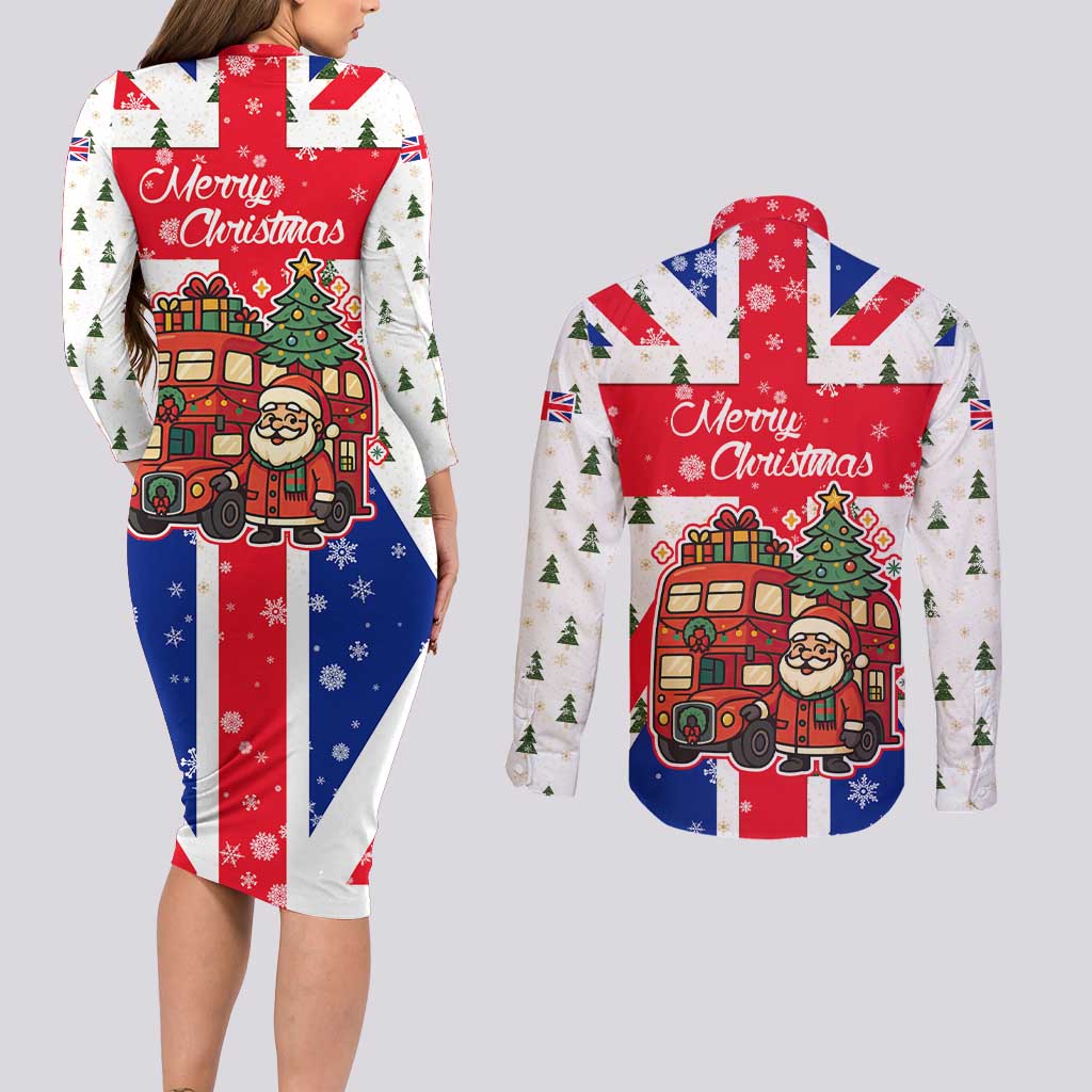 England Christmas Couples Matching Long Sleeve Bodycon Dress and Long Sleeve Button Shirt with Red White Blue Santa Bus Tree and Three Lions Design - Wonder Print Shop