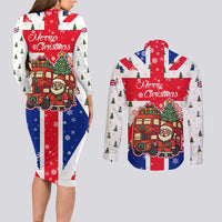England Christmas Couples Matching Long Sleeve Bodycon Dress and Long Sleeve Button Shirt with Red White Blue Santa Bus Tree and Three Lions Design - Wonder Print Shop