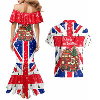 England Christmas Couples Matching Mermaid Dress and Hawaiian Shirt with Red White Blue Santa Bus Tree and Three Lions Design - Wonder Print Shop