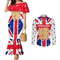 England Christmas Couples Matching Mermaid Dress and Long Sleeve Button Shirt with Red White Blue Santa Bus Tree and Three Lions Design - Wonder Print Shop