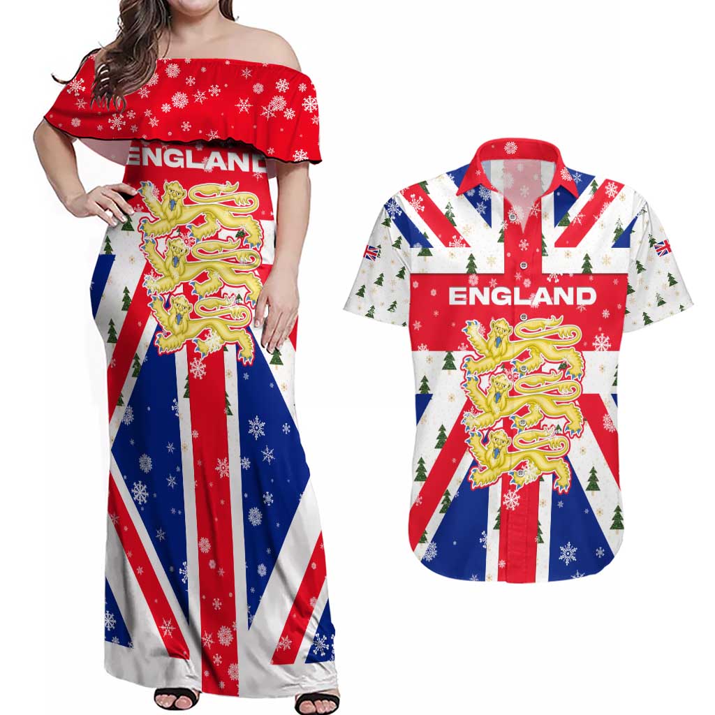 England Christmas Couples Matching Off Shoulder Maxi Dress and Hawaiian Shirt with Red White Blue Santa Bus Tree and Three Lions Design - undefined