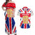 England Christmas Couples Matching Off Shoulder Maxi Dress and Hawaiian Shirt with Red White Blue Santa Bus Tree and Three Lions Design - undefined