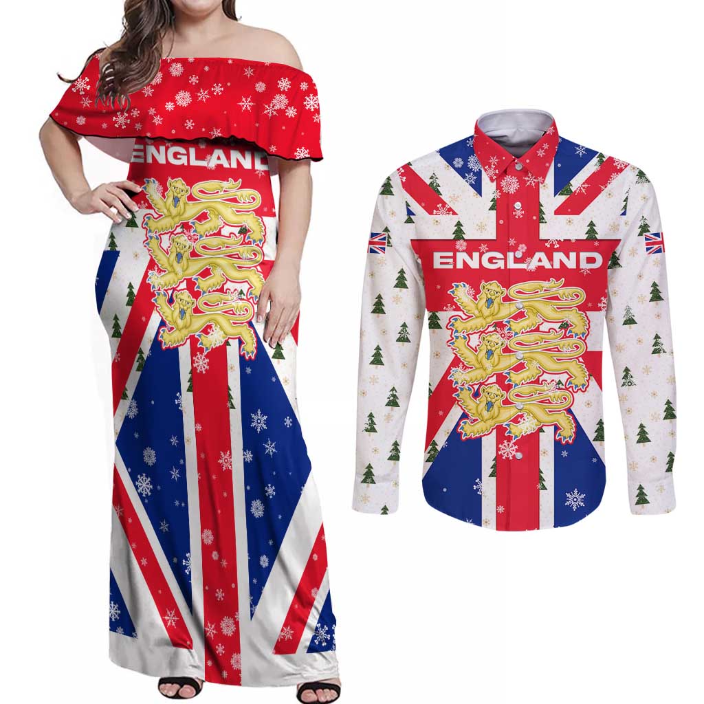 England Christmas Couples Matching Off Shoulder Maxi Dress and Long Sleeve Button Shirt with Red White Blue Santa Bus Tree and Three Lions Design - Wonder Print Shop