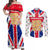England Christmas Couples Matching Off Shoulder Maxi Dress and Long Sleeve Button Shirt with Red White Blue Santa Bus Tree and Three Lions Design - Wonder Print Shop