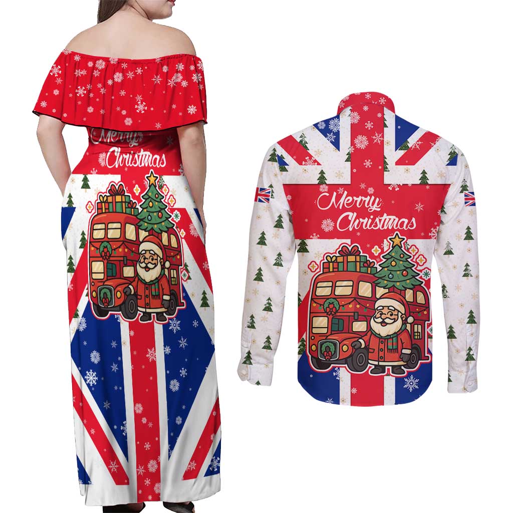 England Christmas Couples Matching Off Shoulder Maxi Dress and Long Sleeve Button Shirt with Red White Blue Santa Bus Tree and Three Lions Design - Wonder Print Shop