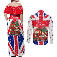 England Christmas Couples Matching Off Shoulder Maxi Dress and Long Sleeve Button Shirt with Red White Blue Santa Bus Tree and Three Lions Design - Wonder Print Shop