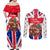 England Christmas Couples Matching Off Shoulder Maxi Dress and Long Sleeve Button Shirt with Red White Blue Santa Bus Tree and Three Lions Design - Wonder Print Shop