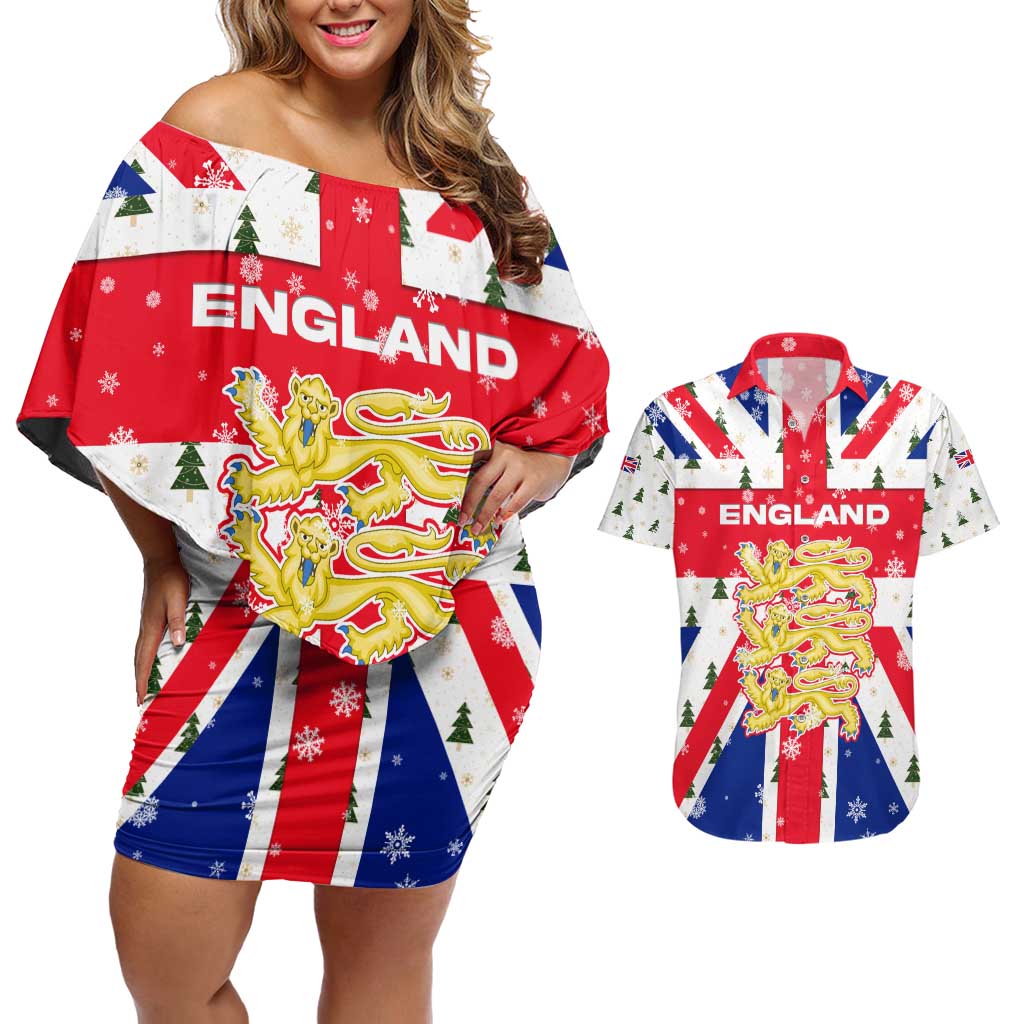 England Christmas Couples Matching Off Shoulder Short Dress and Hawaiian Shirt with Red White Blue Santa Bus Tree and Three Lions Design - Wonder Print Shop