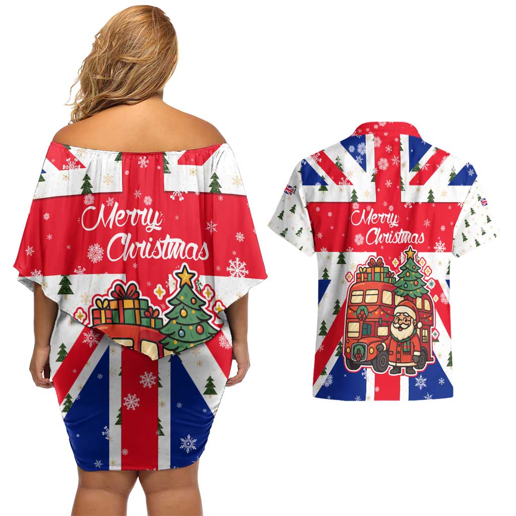England Christmas Couples Matching Off Shoulder Short Dress and Hawaiian Shirt with Red White Blue Santa Bus Tree and Three Lions Design - Wonder Print Shop