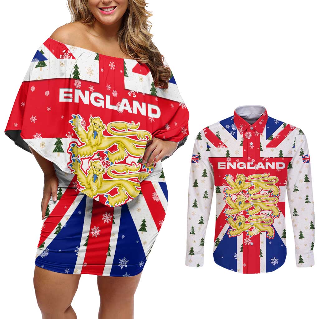 England Christmas Couples Matching Off Shoulder Short Dress and Long Sleeve Button Shirt with Red White Blue Santa Bus Tree and Three Lions Design - Wonder Print Shop