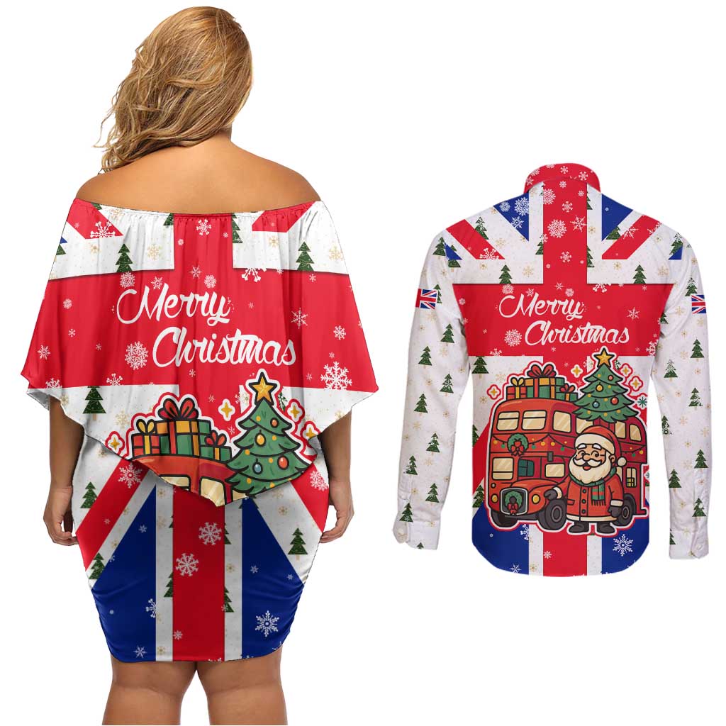 England Christmas Couples Matching Off Shoulder Short Dress and Long Sleeve Button Shirt with Red White Blue Santa Bus Tree and Three Lions Design - Wonder Print Shop