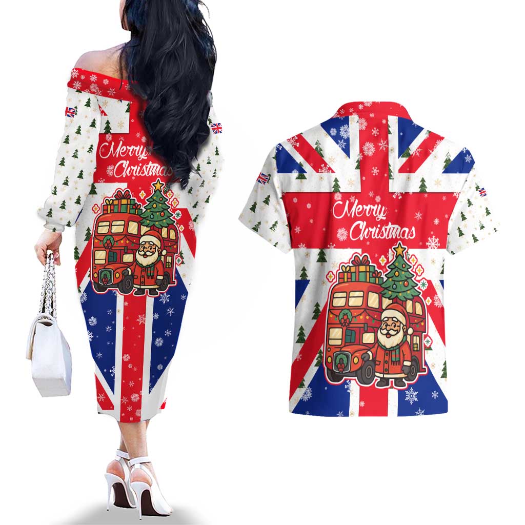 England Christmas Couples Matching Off The Shoulder Long Sleeve Dress and Hawaiian Shirt with Red White Blue Santa Bus Tree and Three Lions Design - Wonder Print Shop
