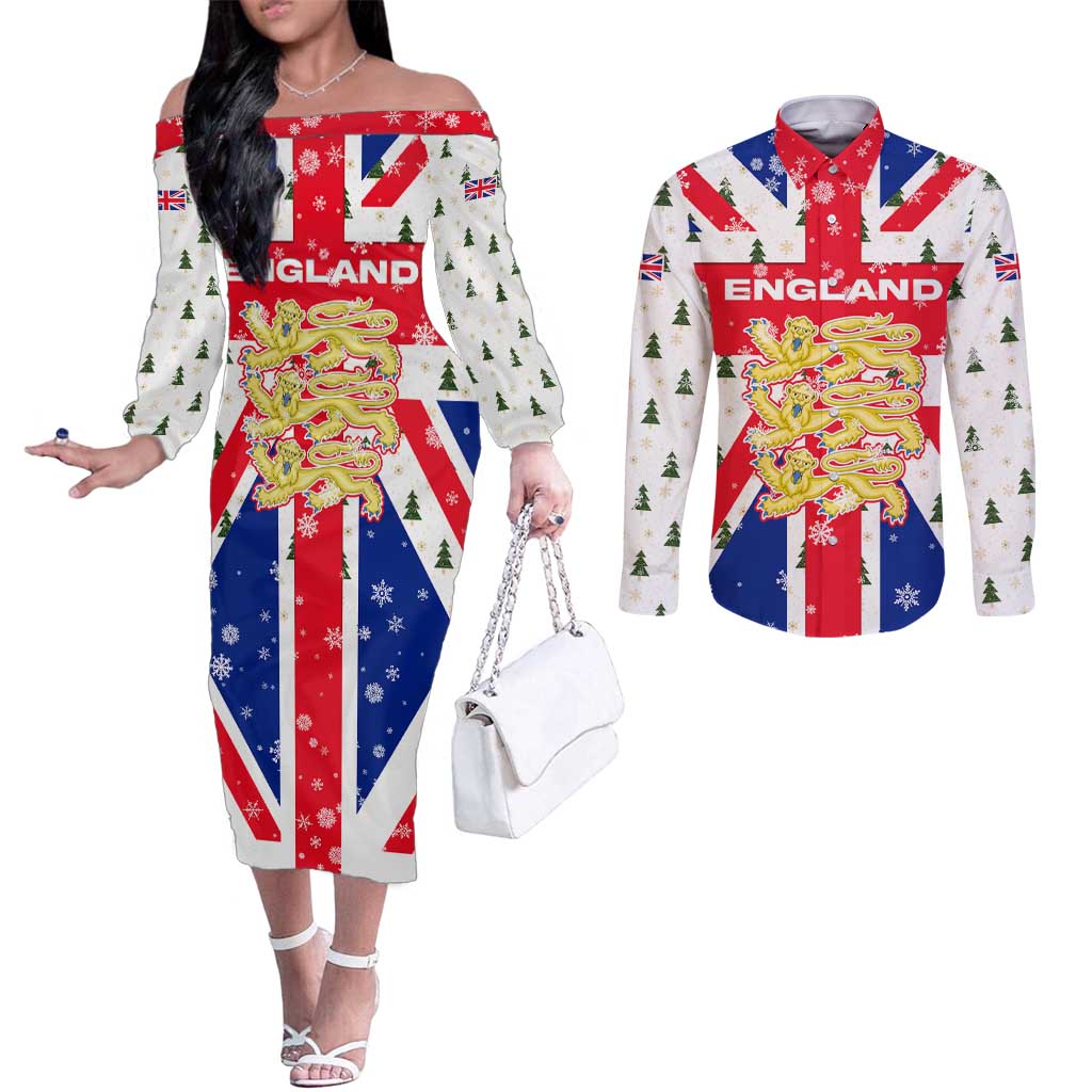 England Christmas Couples Matching Off The Shoulder Long Sleeve Dress and Long Sleeve Button Shirt with Red White Blue Santa Bus Tree and Three Lions Design - Wonder Print Shop